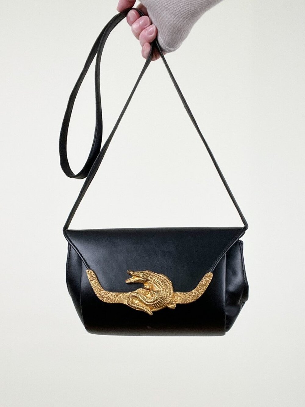 Vintage Eclectic Alligators Crocodile Gold Black Crossbody Purse Bag Whimsigoth